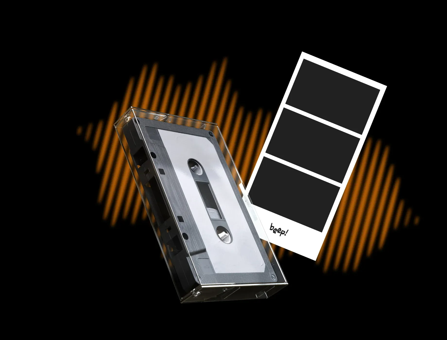 A beep! cassette tape in its clear case next to a printed photo J-card